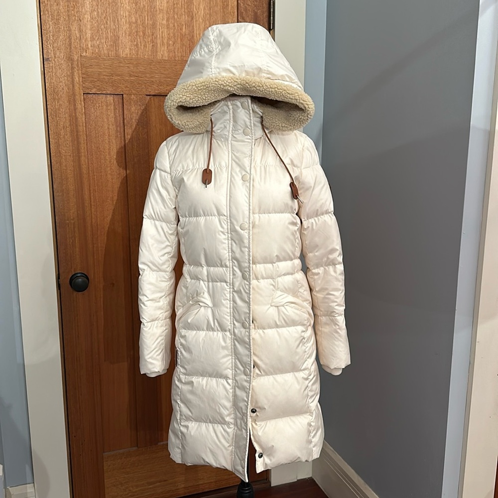 Coach down cream jacket with hood, size xs